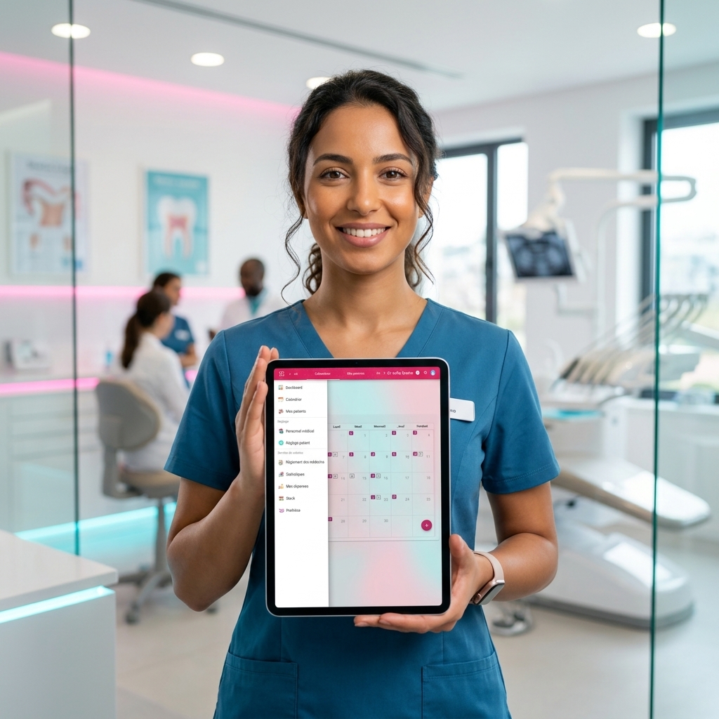 Assistante utilisant DENTUS sur tablette